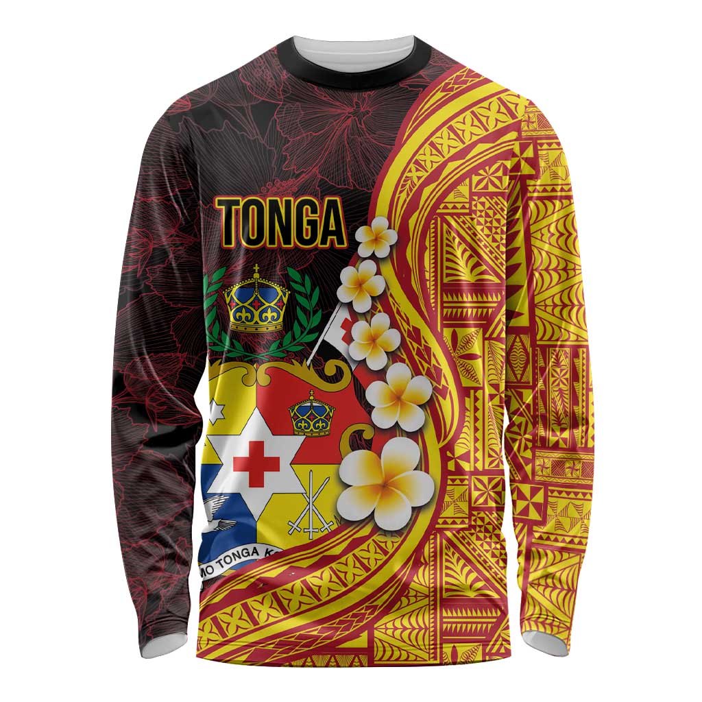 Tonga Culture Long Sleeve Shirt Ngatu Pattern with Plumeria and Hibiscus LT03 Unisex Black - Polynesian Pride