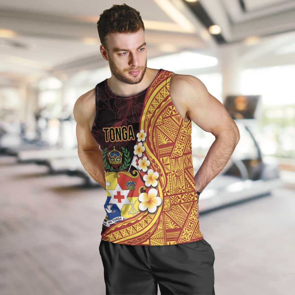 Tonga Culture Men Tank Top Ngatu Pattern with Plumeria and Hibiscus LT03 Black - Polynesian Pride