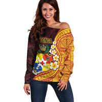 Tonga Culture Off Shoulder Sweater Ngatu Pattern with Plumeria and Hibiscus LT03 Women Black - Polynesian Pride