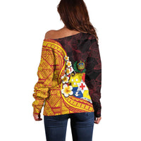 Tonga Culture Off Shoulder Sweater Ngatu Pattern with Plumeria and Hibiscus LT03 - Polynesian Pride