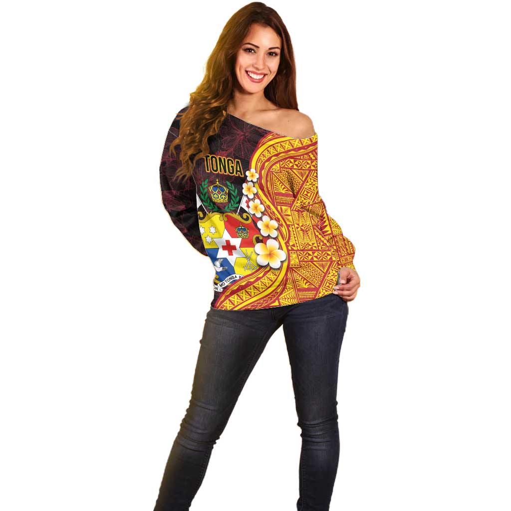 Tonga Culture Off Shoulder Sweater Ngatu Pattern with Plumeria and Hibiscus LT03 - Polynesian Pride