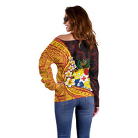 Tonga Culture Off Shoulder Sweater Ngatu Pattern with Plumeria and Hibiscus LT03 - Polynesian Pride