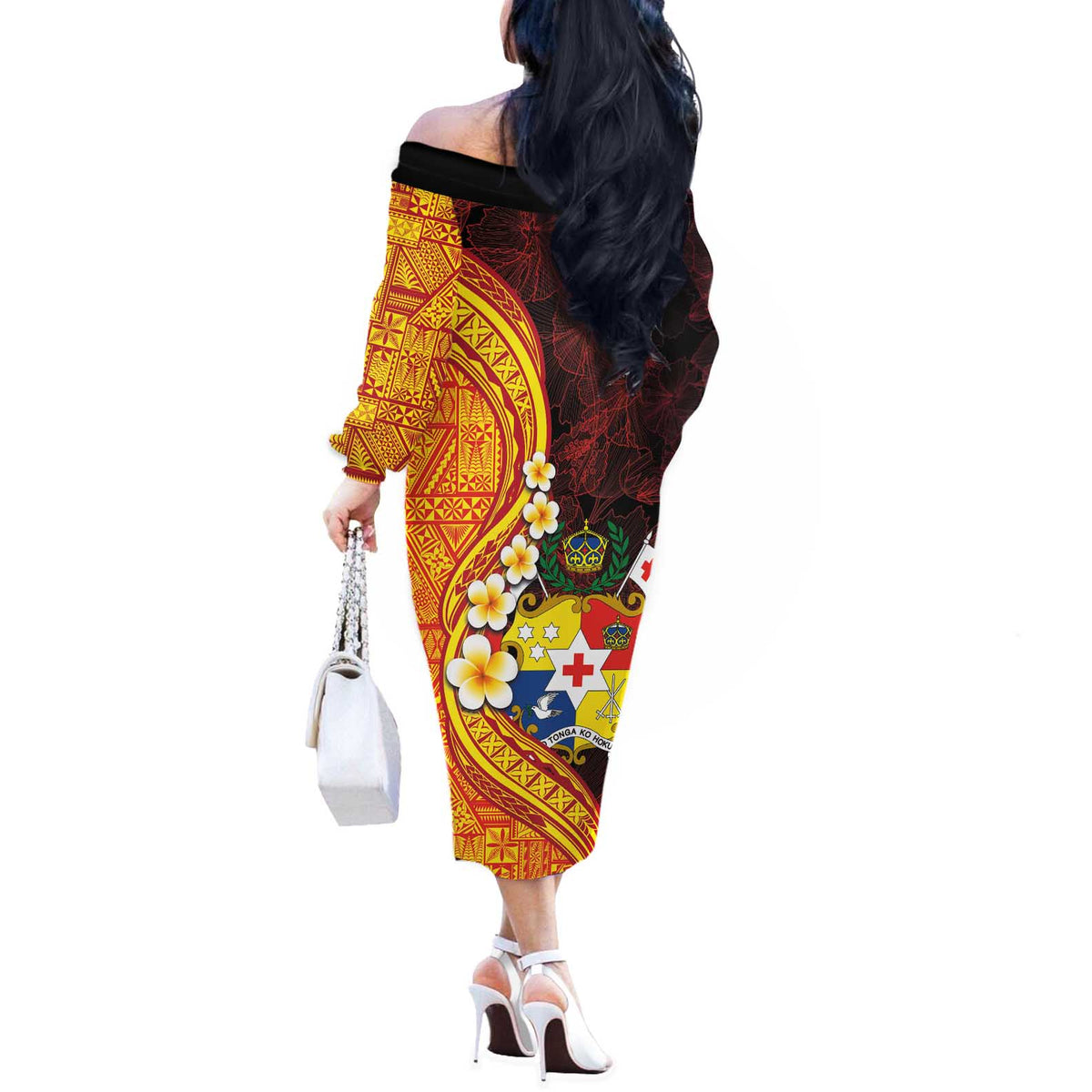 Tonga Culture Off The Shoulder Long Sleeve Dress Ngatu Pattern with Plumeria and Hibiscus LT03 - Polynesian Pride