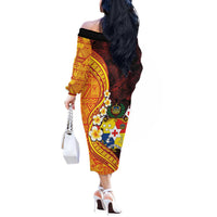 Tonga Culture Off The Shoulder Long Sleeve Dress Ngatu Pattern with Plumeria and Hibiscus LT03 - Polynesian Pride