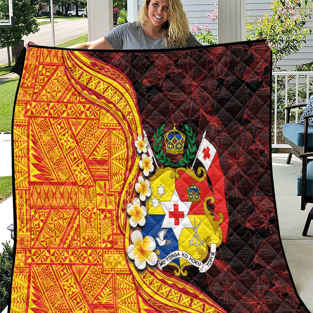 Tonga Culture Quilt Ngatu Pattern with Plumeria and Hibiscus LT03 Black - Polynesian Pride