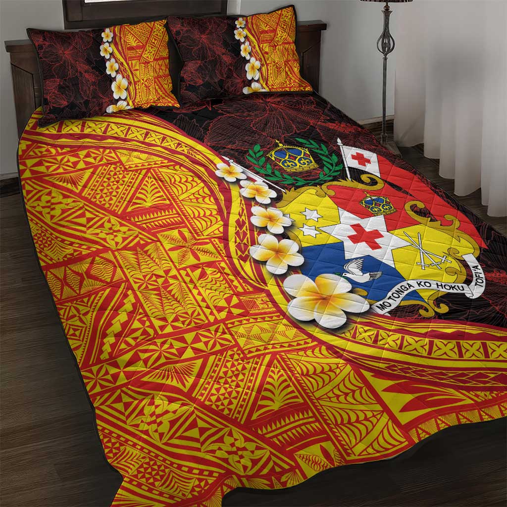 Tonga Culture Quilt Bed Set Ngatu Pattern with Plumeria and Hibiscus LT03 Black - Polynesian Pride