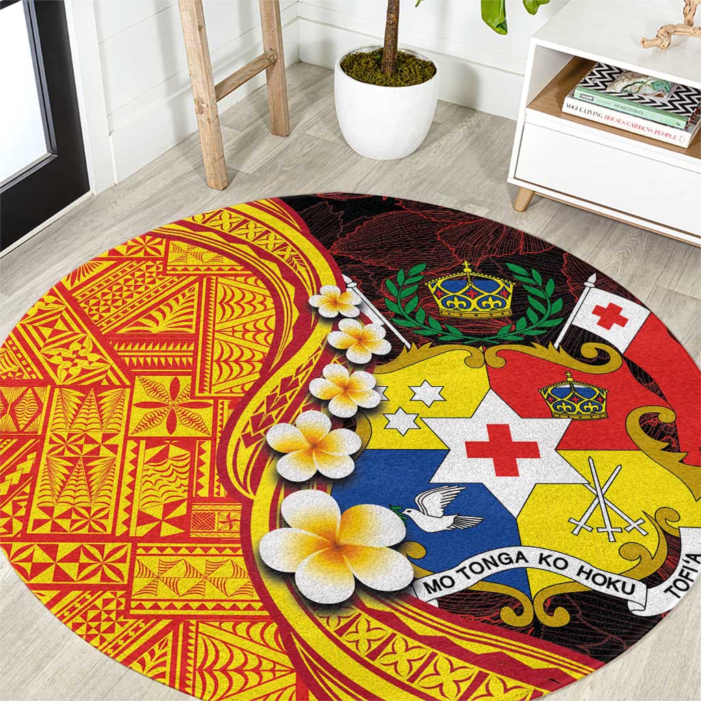 Tonga Culture Round Carpet Ngatu Pattern with Plumeria and Hibiscus LT03 Black - Polynesian Pride