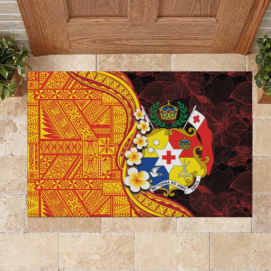 Tonga Culture Rubber Doormat Ngatu Pattern with Plumeria and Hibiscus LT03 Black - Polynesian Pride