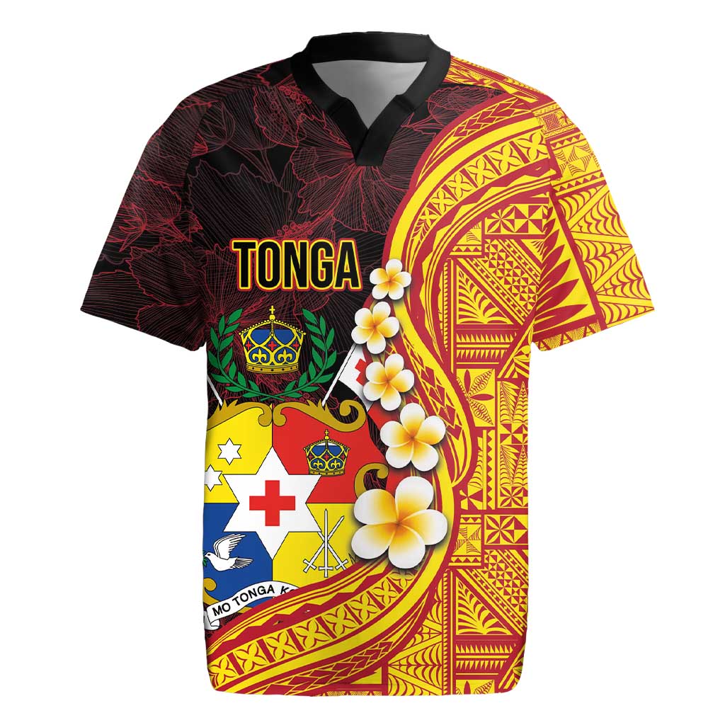 Tonga Culture Rugby Jersey Ngatu Pattern with Plumeria and Hibiscus LT03 Black - Polynesian Pride