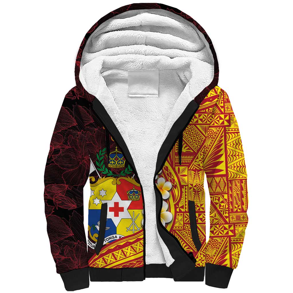 Tonga Culture Sherpa Hoodie Ngatu Pattern with Plumeria and Hibiscus LT03 Unisex Black - Polynesian Pride