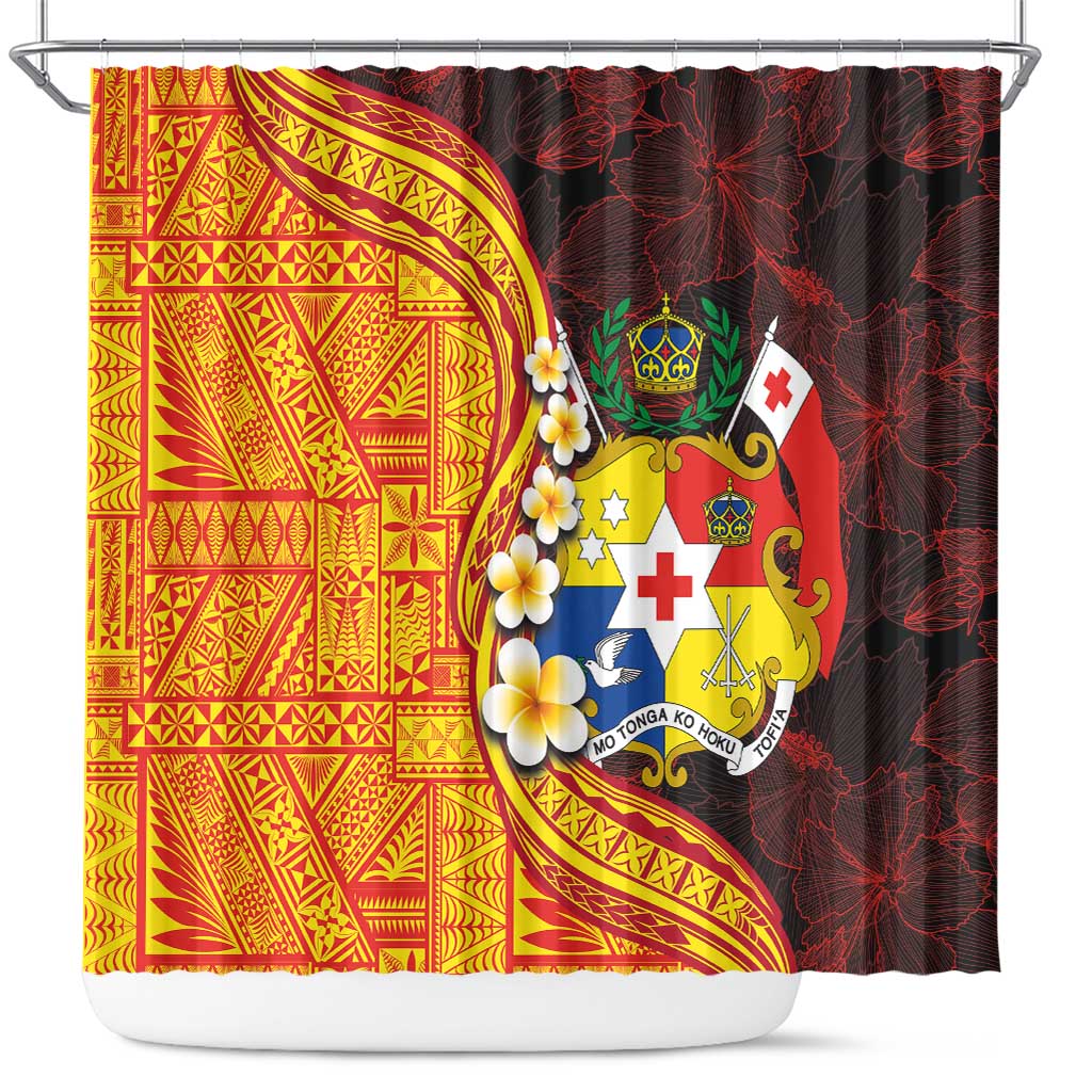 Tonga Culture Shower Curtain Ngatu Pattern with Plumeria and Hibiscus LT03 Black - Polynesian Pride