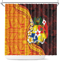 Tonga Culture Shower Curtain Ngatu Pattern with Plumeria and Hibiscus LT03 Black - Polynesian Pride
