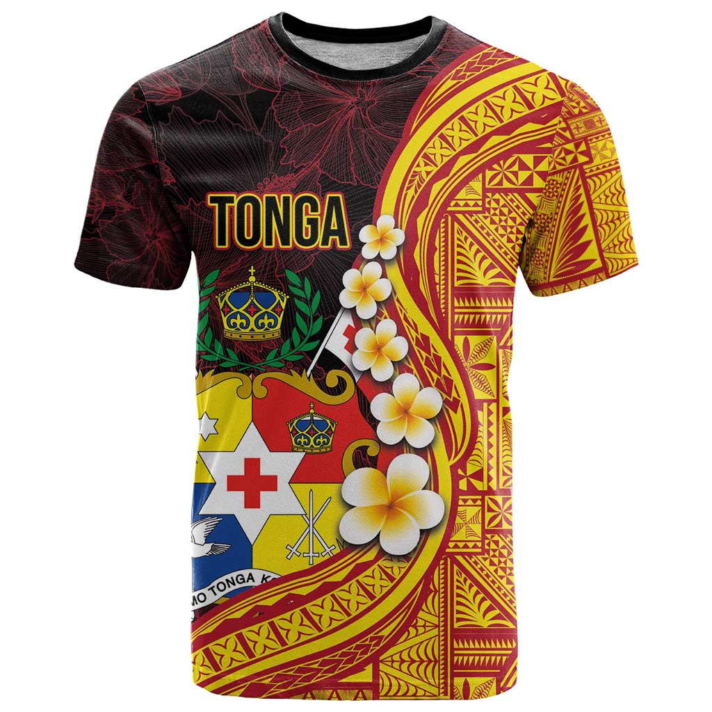 Tonga Culture T Shirt Ngatu Pattern with Plumeria and Hibiscus LT03 Black - Polynesian Pride