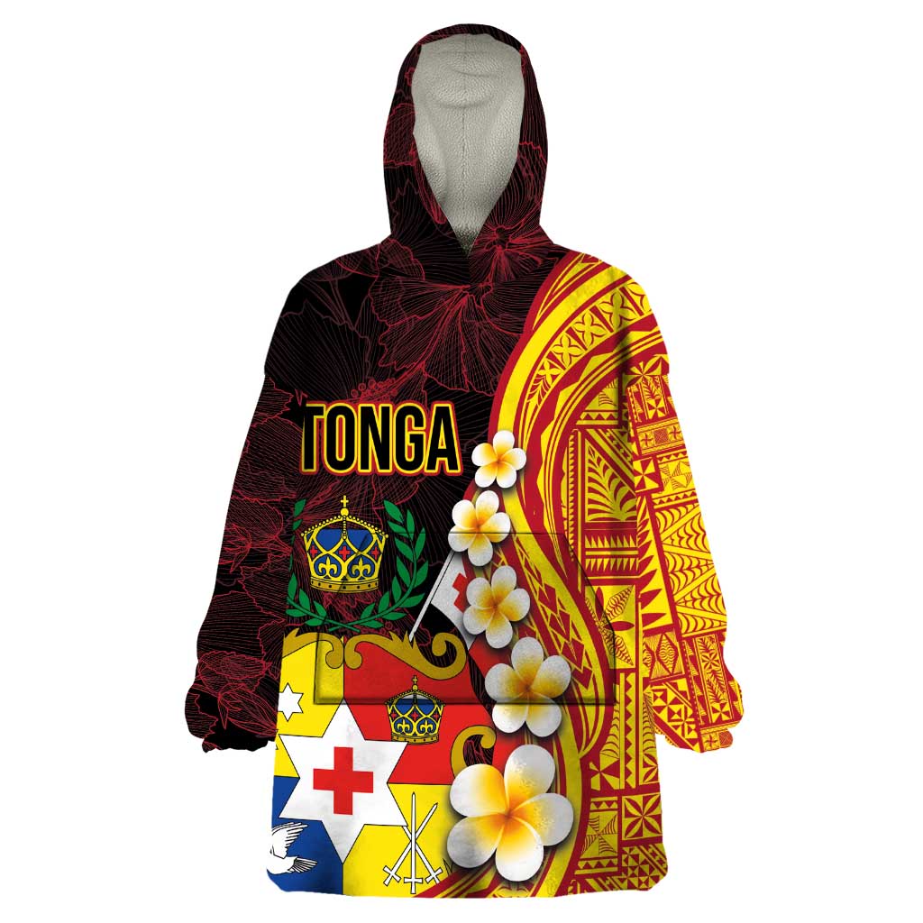 Tonga Culture Wearable Blanket Hoodie Ngatu Pattern with Plumeria and Hibiscus LT03 One Size Black - Polynesian Pride