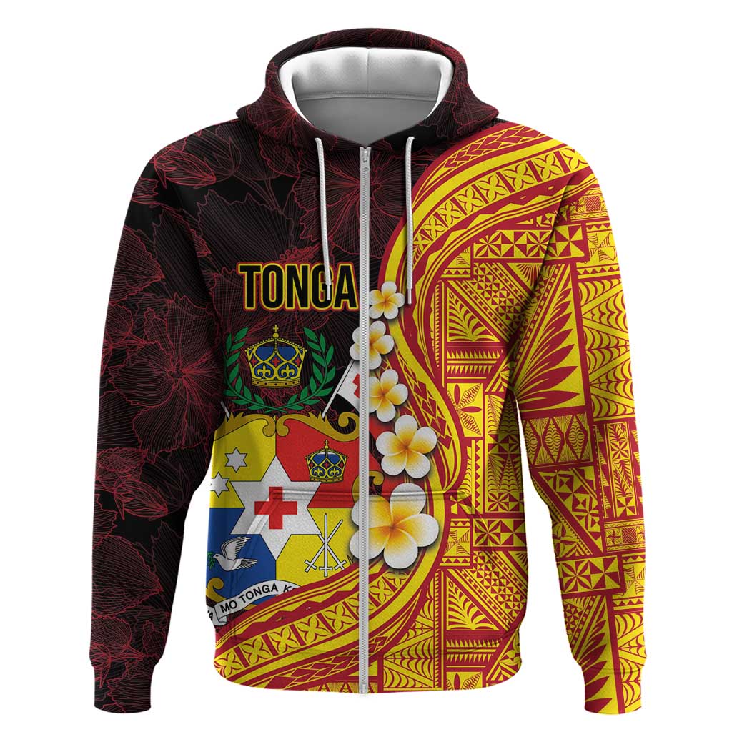 Tonga Culture Zip Hoodie Ngatu Pattern with Plumeria and Hibiscus LT03 Zip Hoodie Black - Polynesian Pride