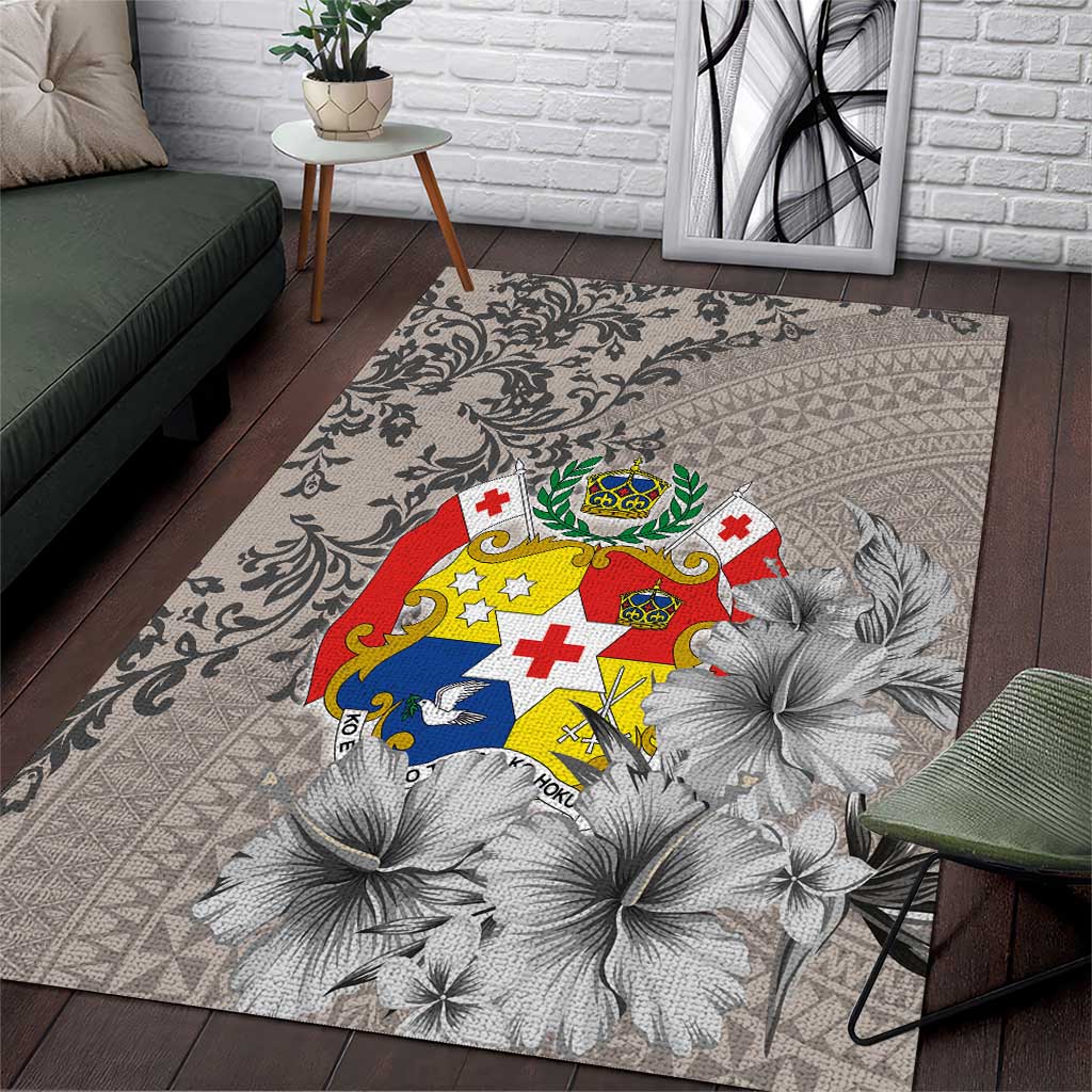 Tonga Culture Area Rug Ngatu Pattern and Blooming Hibiscus LT03 Light Gray - Polynesian Pride
