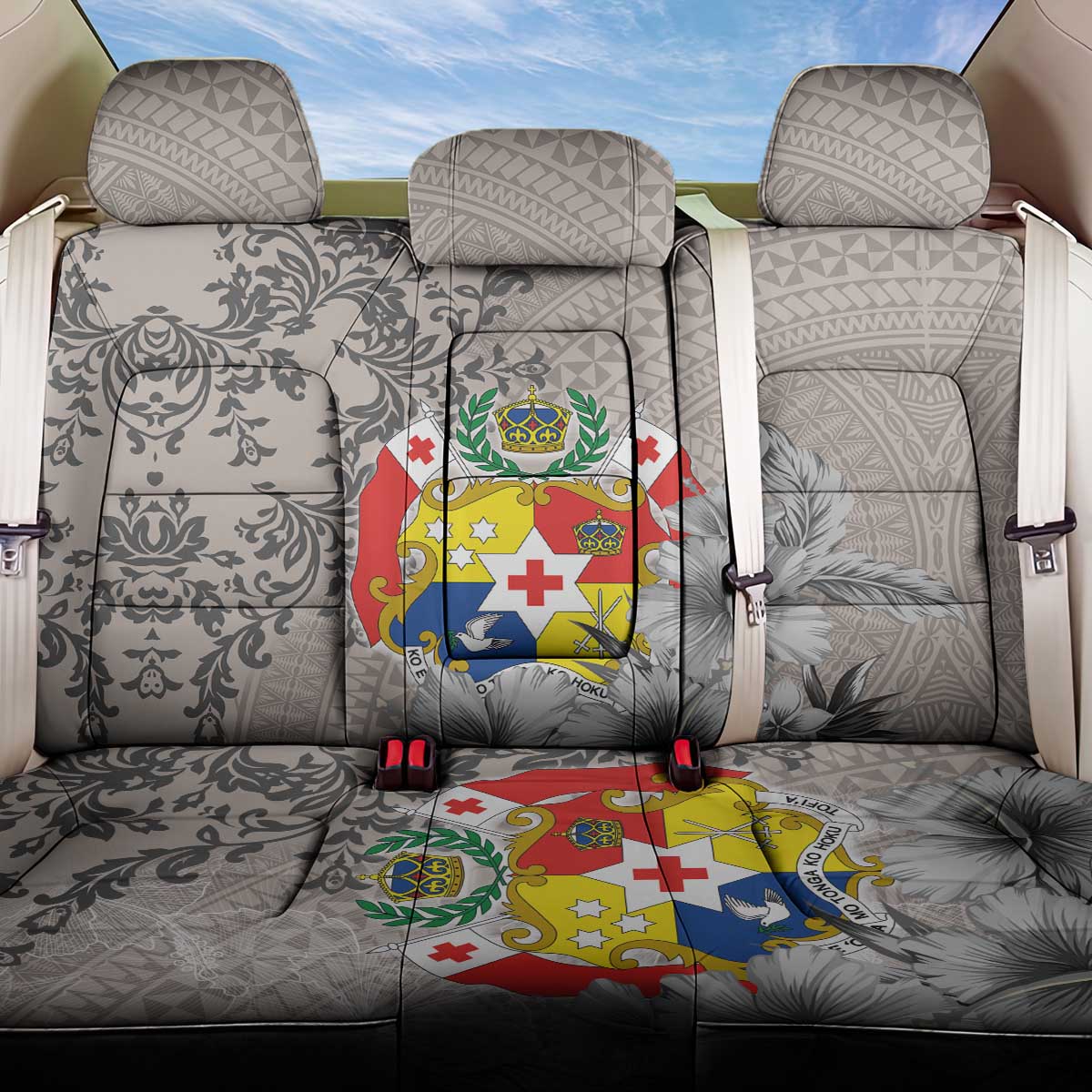Tonga Culture Back Car Seat Cover Ngatu Pattern and Blooming Hibiscus LT03 One Size Light Gray - Polynesian Pride