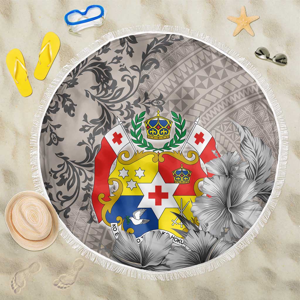 Tonga Culture Beach Blanket Ngatu Pattern and Blooming Hibiscus LT03 One Size 150cm Light Gray - Polynesian Pride