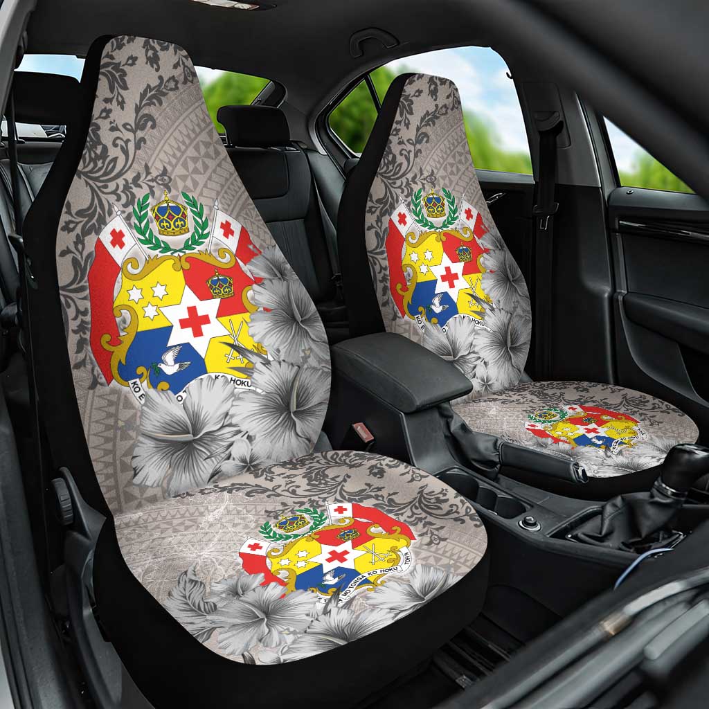 Tonga Culture Car Seat Cover Ngatu Pattern and Blooming Hibiscus LT03 One Size Light Gray - Polynesian Pride