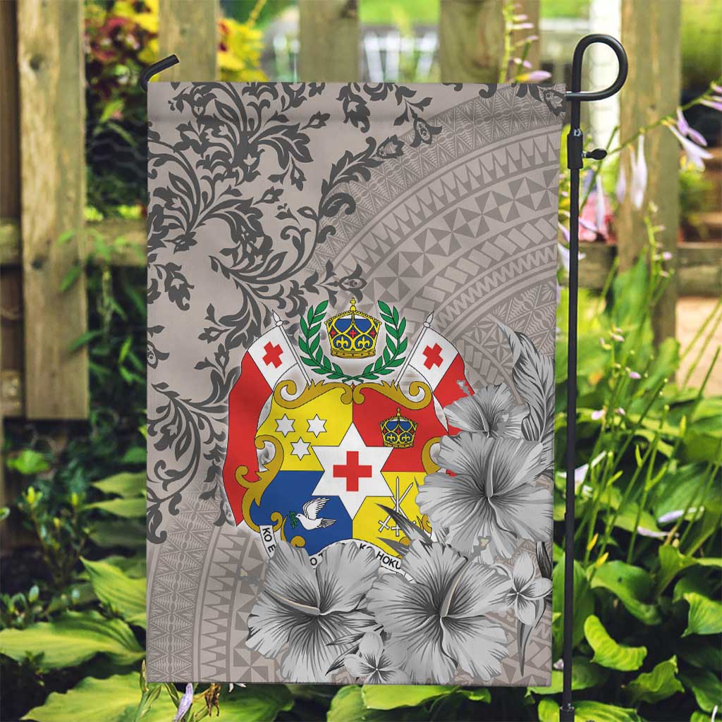 Tonga Culture Garden Flag Ngatu Pattern and Blooming Hibiscus LT03 Garden Flag Light Gray - Polynesian Pride