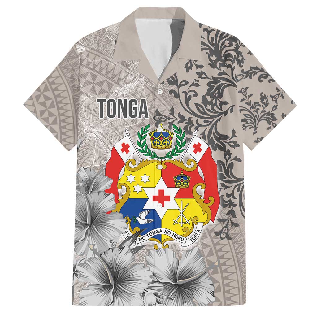 Tonga Culture Hawaiian Shirt Ngatu Pattern and Blooming Hibiscus LT03 Light Gray - Polynesian Pride