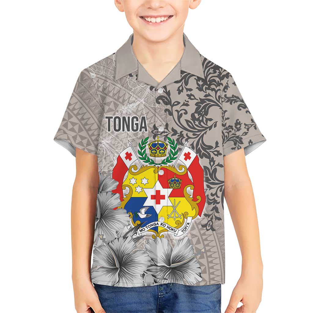 Tonga Culture Kid Hawaiian Shirt Ngatu Pattern and Blooming Hibiscus LT03 Kid Light Gray - Polynesian Pride