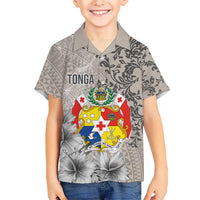 Tonga Culture Kid Hawaiian Shirt Ngatu Pattern and Blooming Hibiscus LT03 Kid Light Gray - Polynesian Pride
