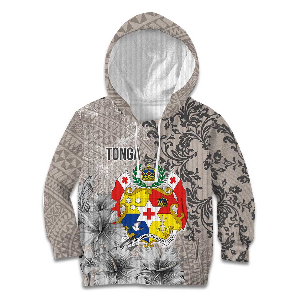 Tonga Culture Kid Hoodie Ngatu Pattern and Blooming Hibiscus LT03 Hoodie Light Gray - Polynesian Pride