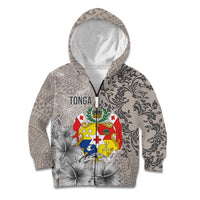 Tonga Culture Kid Hoodie Ngatu Pattern and Blooming Hibiscus LT03 Zip Hoodie Light Gray - Polynesian Pride