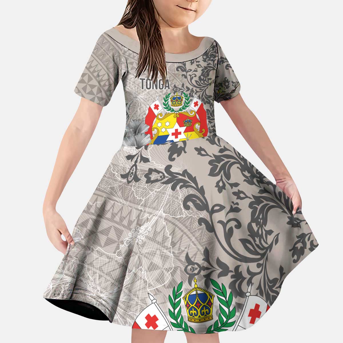 Tonga Culture Kid Short Sleeve Dress Ngatu Pattern and Blooming Hibiscus LT03 KID Light Gray - Polynesian Pride