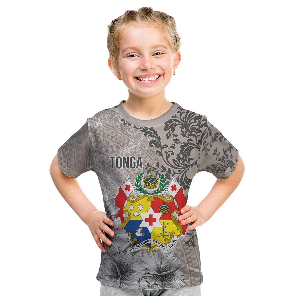 Tonga Culture Kid T Shirt Ngatu Pattern and Blooming Hibiscus LT03 Light Gray - Polynesian Pride