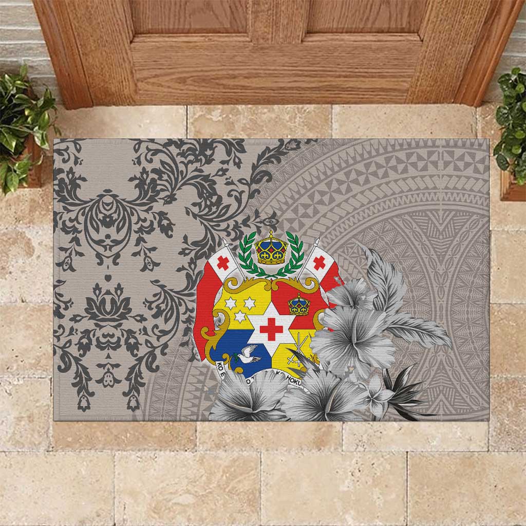 Tonga Culture Rubber Doormat Ngatu Pattern and Blooming Hibiscus LT03 Light Gray - Polynesian Pride