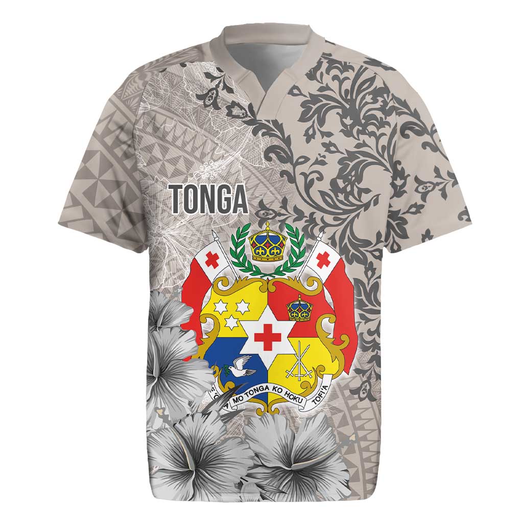 Tonga Culture Rugby Jersey Ngatu Pattern and Blooming Hibiscus LT03 Light Gray - Polynesian Pride