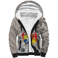 Tonga Culture Sherpa Hoodie Ngatu Pattern and Blooming Hibiscus LT03 Unisex Light Gray - Polynesian Pride
