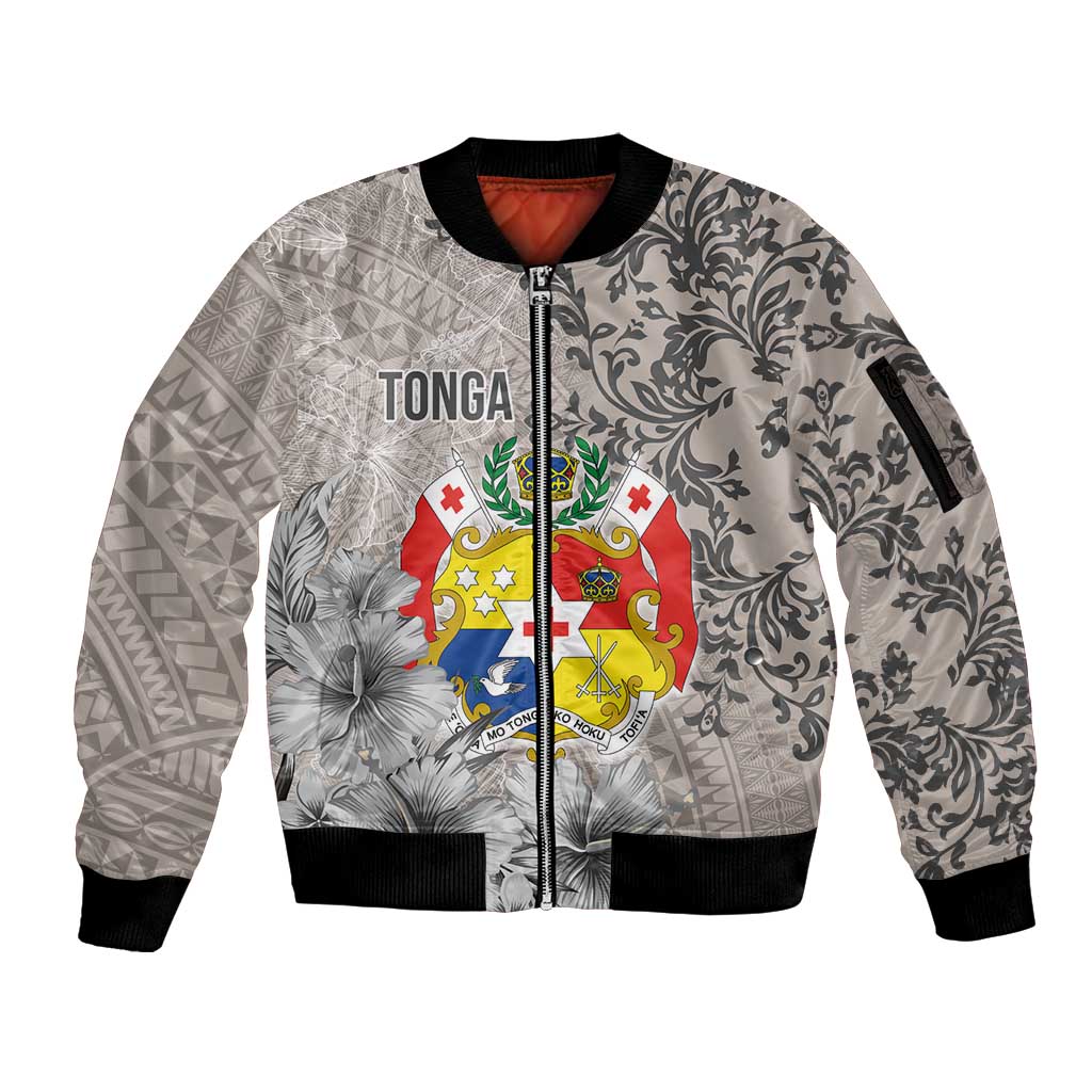 Tonga Culture Sleeve Zip Bomber Jacket Ngatu Pattern and Blooming Hibiscus LT03 Unisex Light Gray - Polynesian Pride