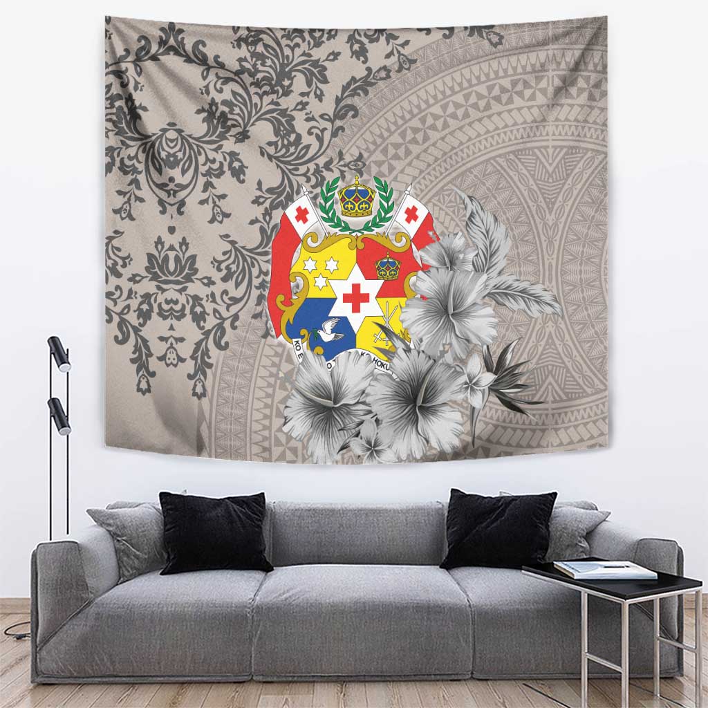 Tonga Culture Tapestry Ngatu Pattern and Blooming Hibiscus LT03 Light Gray - Polynesian Pride