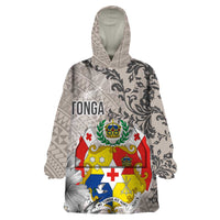 Tonga Culture Wearable Blanket Hoodie Ngatu Pattern and Blooming Hibiscus LT03 One Size Light Gray - Polynesian Pride