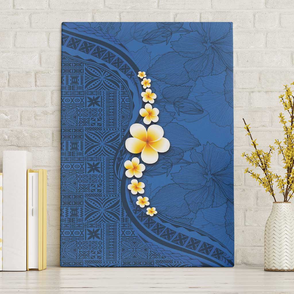Polynesian Hibiscus and Plumeria with Tapa Pattern Canvas Wall Art Blue Color LT03 Without Frame Blue - Polynesian Pride