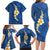 Polynesian Hibiscus and Plumeria with Tapa Pattern Family Matching Long Sleeve Bodycon Dress and Hawaiian Shirt Blue Color