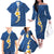 Polynesian Hibiscus and Plumeria with Tapa Pattern Family Matching Off The Shoulder Long Sleeve Dress and Hawaiian Shirt Blue Color