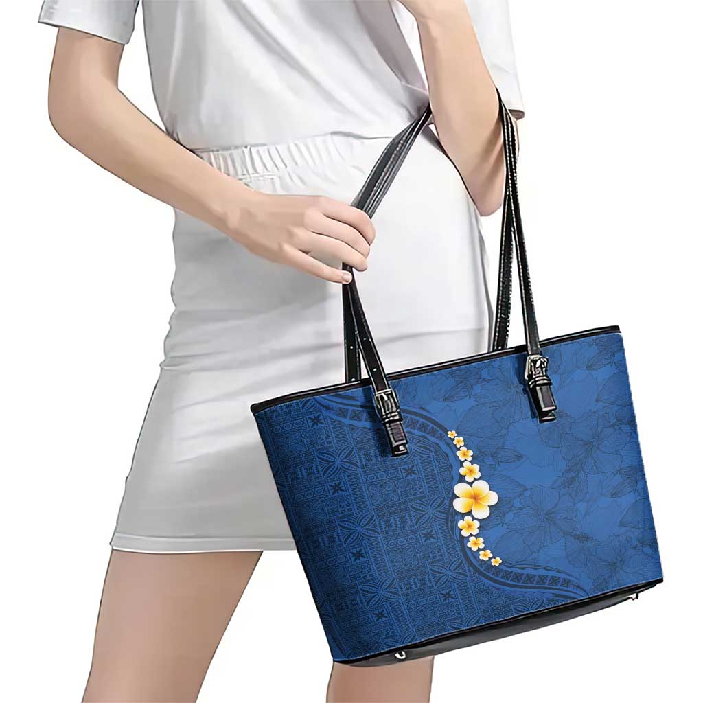 Polynesian Hibiscus and Plumeria with Tapa Pattern Leather Tote Bag Blue Color LT03 - Polynesian Pride