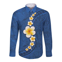 Polynesian Hibiscus and Plumeria with Tapa Pattern Long Sleeve Button Shirt Blue Color LT03 Unisex Blue - Polynesian Pride