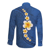 Polynesian Hibiscus and Plumeria with Tapa Pattern Long Sleeve Button Shirt Blue Color LT03 - Polynesian Pride