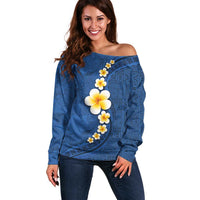 Polynesian Hibiscus and Plumeria with Tapa Pattern Off Shoulder Sweater Blue Color LT03 Women Blue - Polynesian Pride