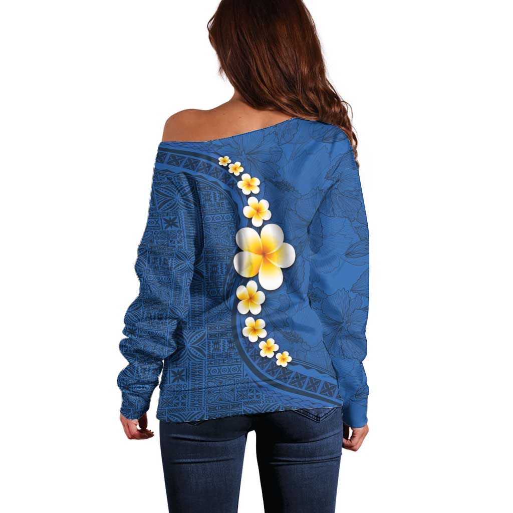 Polynesian Hibiscus and Plumeria with Tapa Pattern Off Shoulder Sweater Blue Color LT03 - Polynesian Pride