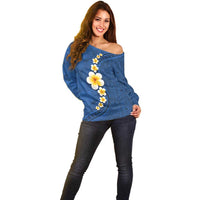 Polynesian Hibiscus and Plumeria with Tapa Pattern Off Shoulder Sweater Blue Color LT03 - Polynesian Pride