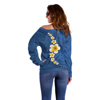Polynesian Hibiscus and Plumeria with Tapa Pattern Off Shoulder Sweater Blue Color LT03 - Polynesian Pride