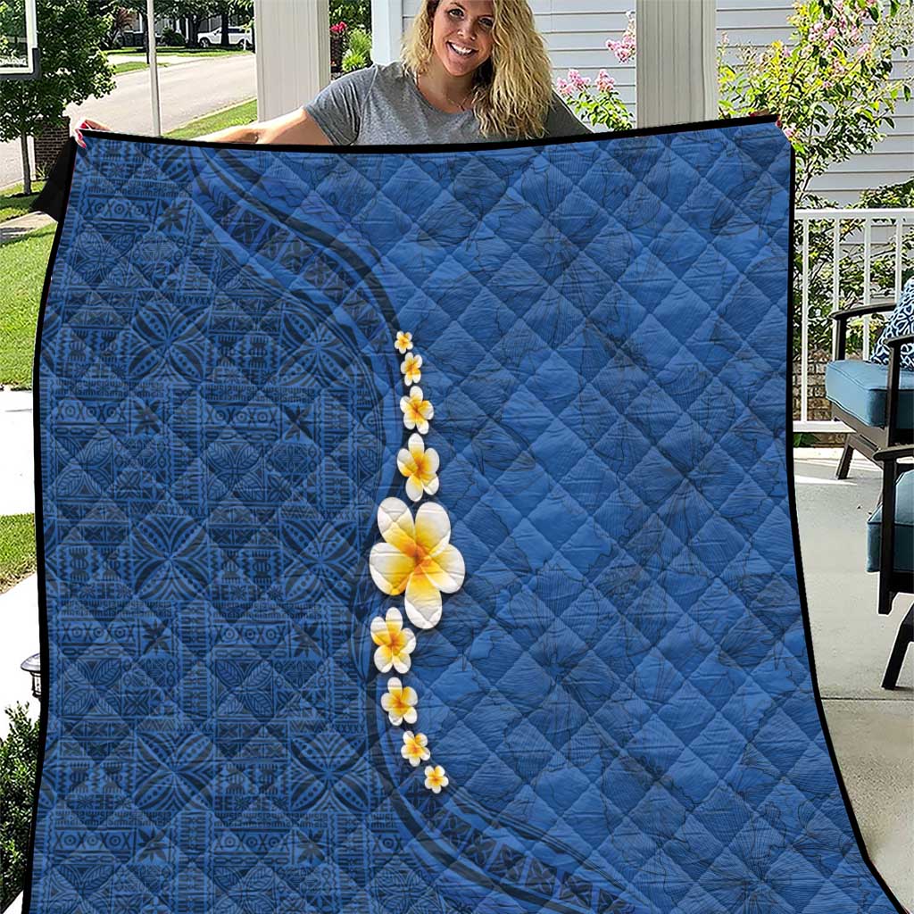 Polynesian Hibiscus and Plumeria with Tapa Pattern Quilt Blue Color