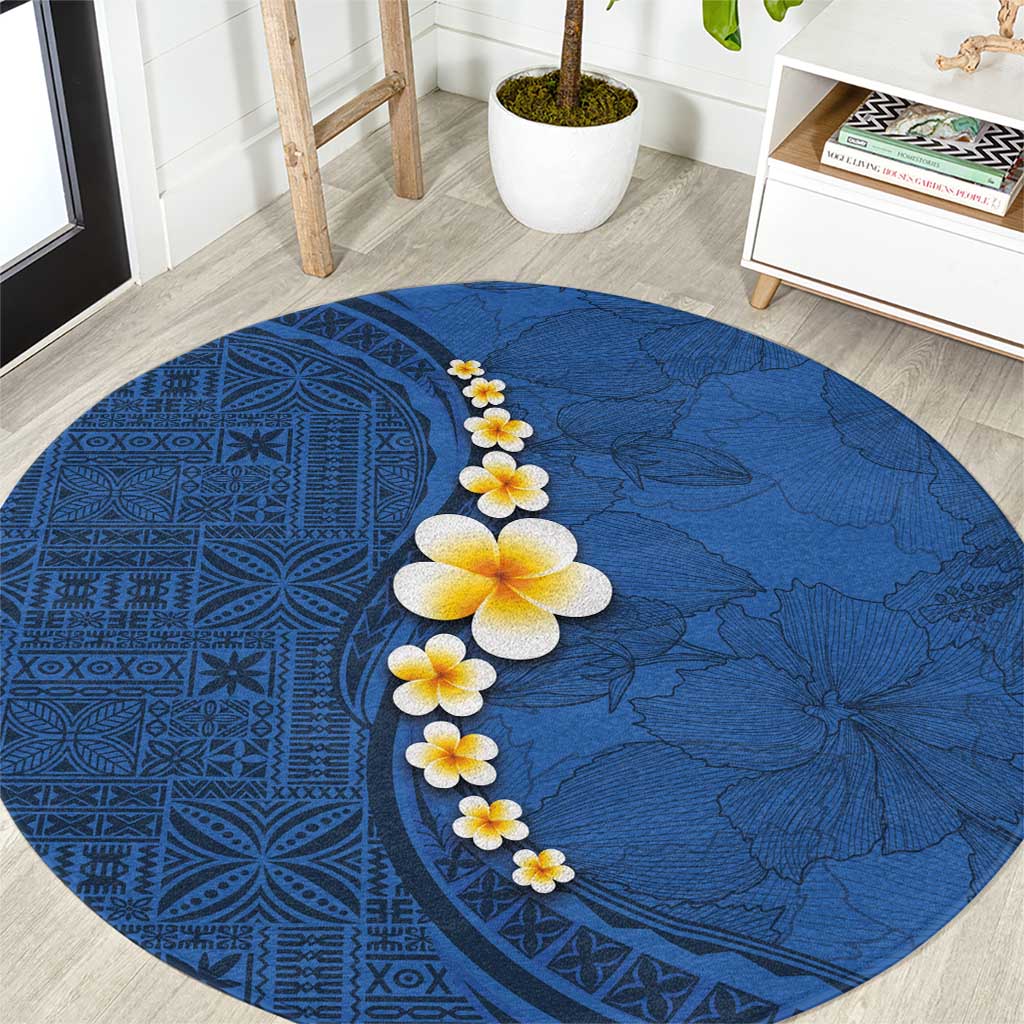 Polynesian Hibiscus and Plumeria with Tapa Pattern Round Carpet Blue Color LT03 Blue - Polynesian Pride