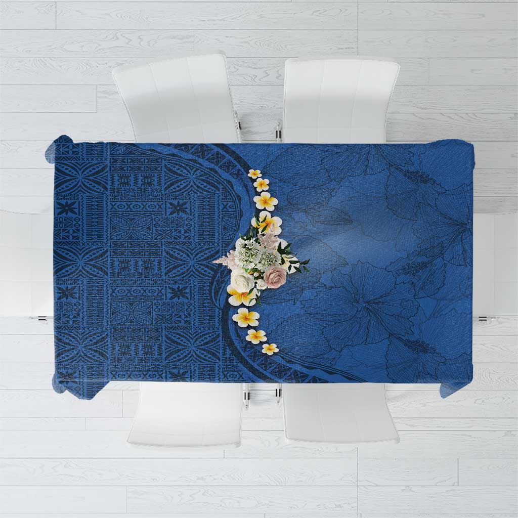 Polynesian Hibiscus and Plumeria with Tapa Pattern Tablecloth Blue Color